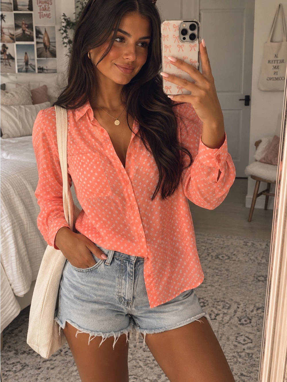 American Eagle Coral Polka Dot Button Down Blouse Shirt Medium